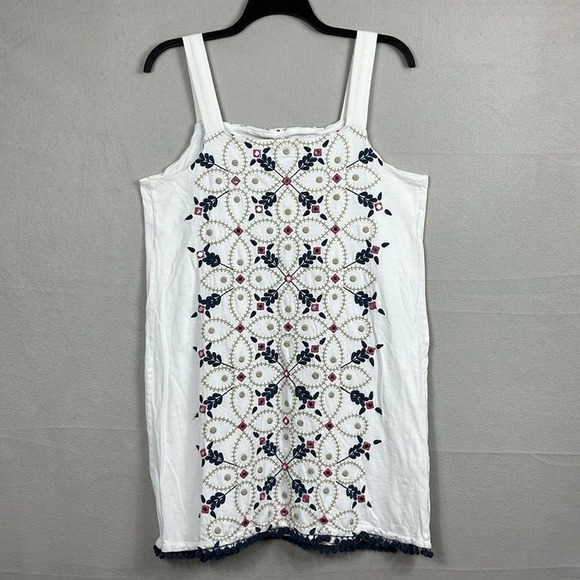 J.JIll Sleeveless Dress Midi Embroidery  Womens Size Large White Tassels - Picture 2 of 8